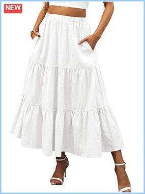 Women's Flowy Tiered Maxi Skirt with Pockets Elastic Waist Summer Beach
